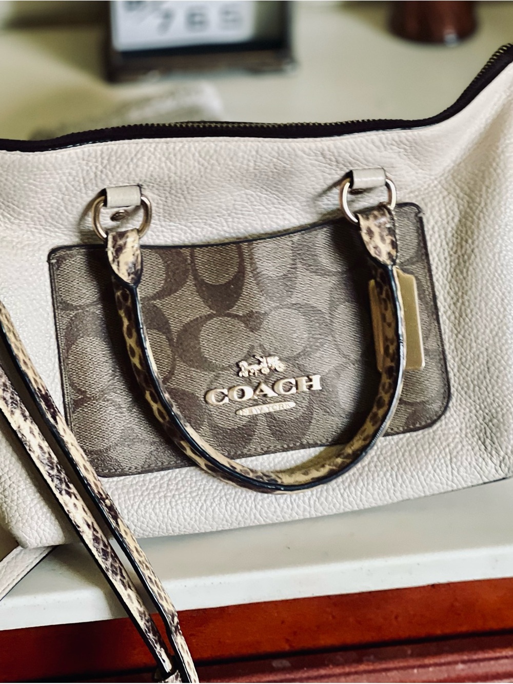 COACH White Pebbled Leather Shoulder Bag with Signature Canvas Panel